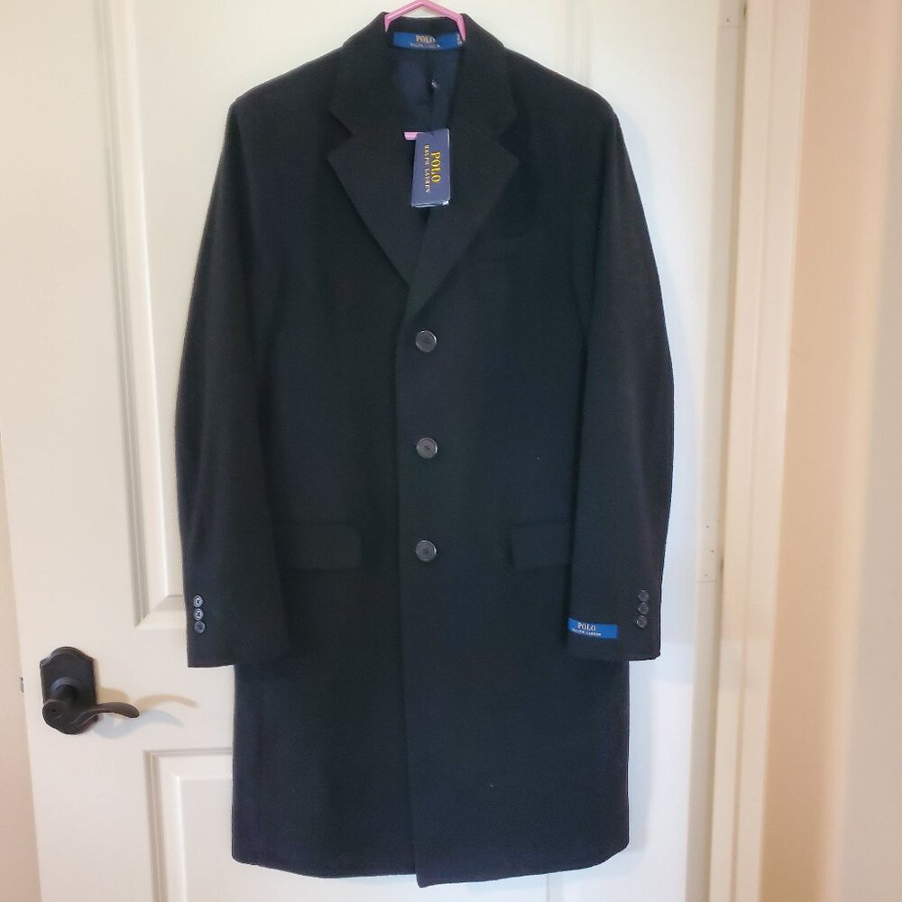 NWT Polo Ralph Lauren Melton long topcoat in polo black mens S wool blend $598